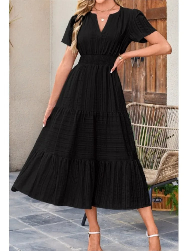 Celebration Party Outfit Elegant V-neck Maxi Dress with Smocked Waist Tiered Flowy Design for Women Summer Pleated Long Dress