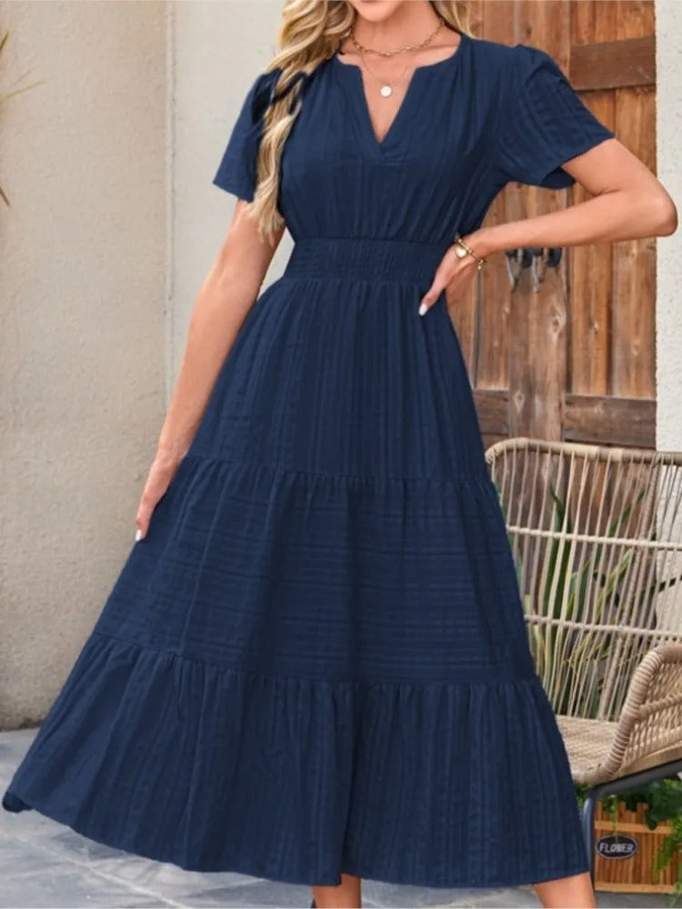 Celebration Party Outfit Elegant V-neck Maxi Dress with Smocked Waist Tiered Flowy Design for Women Summer Pleated Long Dress