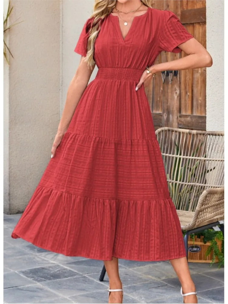 Celebration Party Outfit Elegant V-neck Maxi Dress with Smocked Waist Tiered Flowy Design for Women Summer Pleated Long Dress