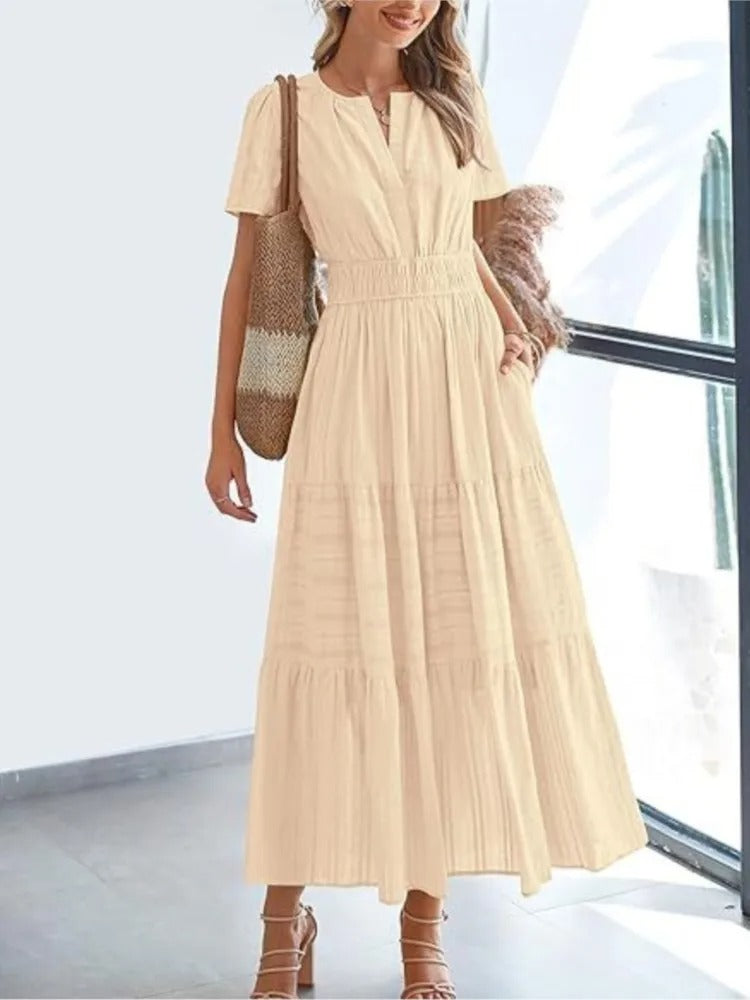 Celebration Party Outfit Elegant V-neck Maxi Dress with Smocked Waist Tiered Flowy Design for Women Summer Pleated Long Dress