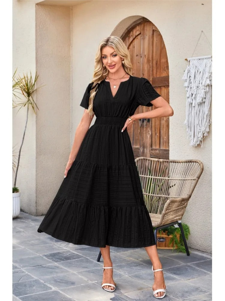 Celebration Party Outfit Elegant V-neck Maxi Dress with Smocked Waist Tiered Flowy Design for Women Summer Pleated Long Dress