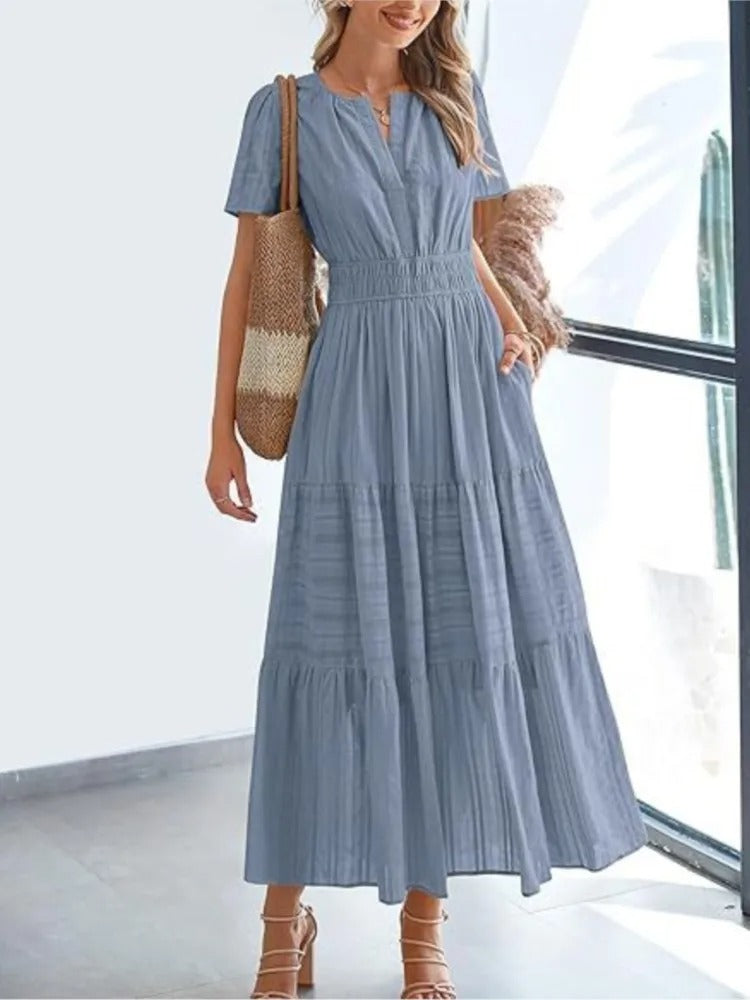 Celebration Party Outfit Elegant V-neck Maxi Dress with Smocked Waist Tiered Flowy Design for Women Summer Pleated Long Dress
