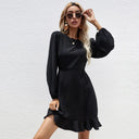 Elegant Women's Dresses Autumn Temperament Solid Color O-Neck Bubble Sleeves Fungus Pleated Hem Dress Elegant Midi Bodycon Dress
